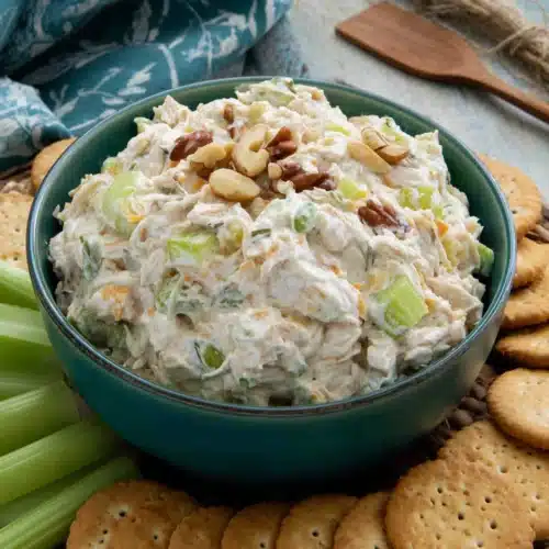 Delicious chicken salad with crunchy toppings and crackers