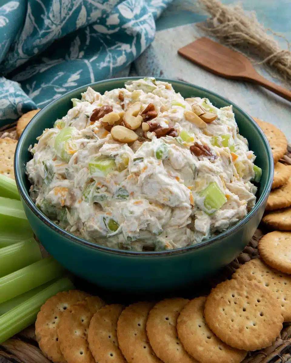 Delicious chicken salad with crunchy toppings and crackers