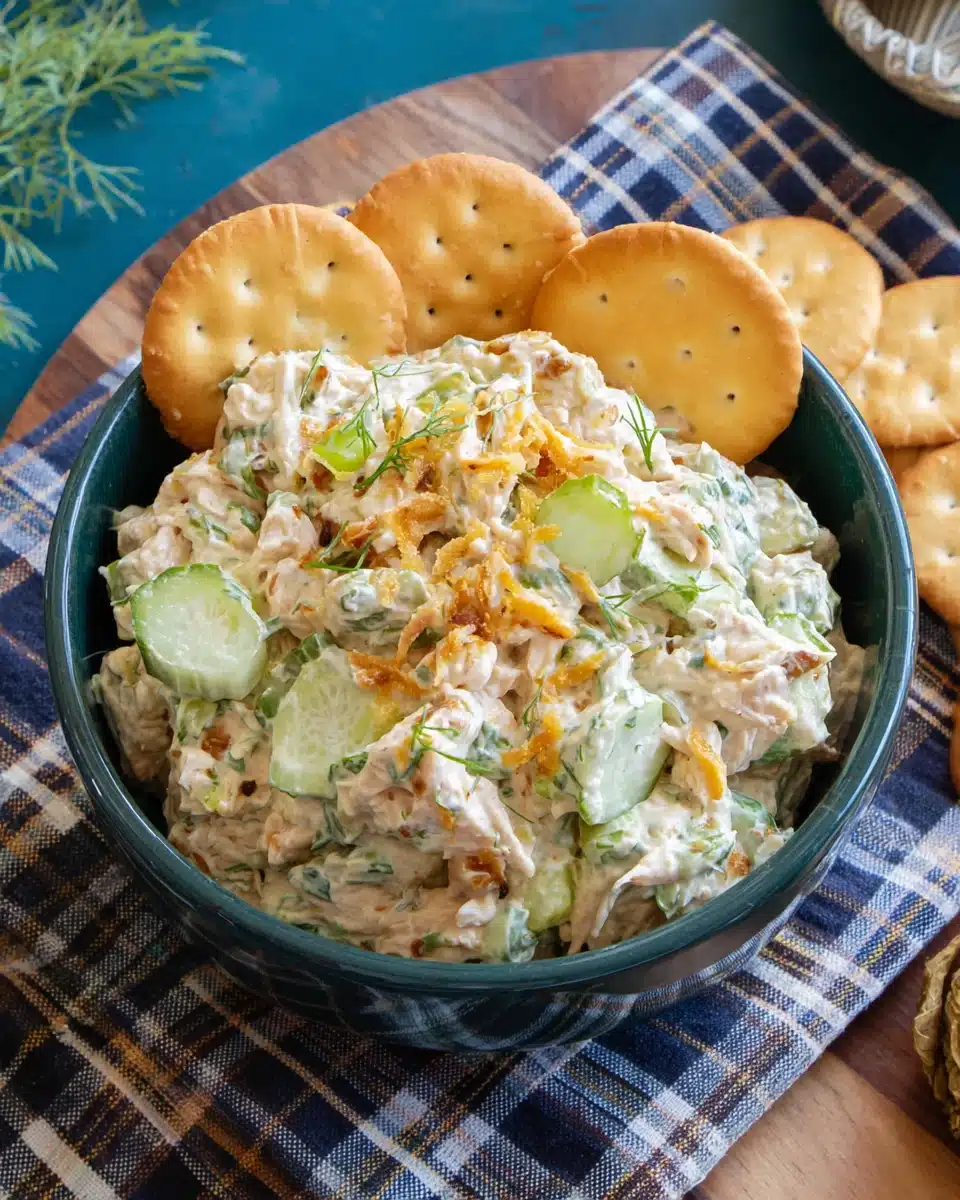 Delicious chicken salad with veggies and crackers.