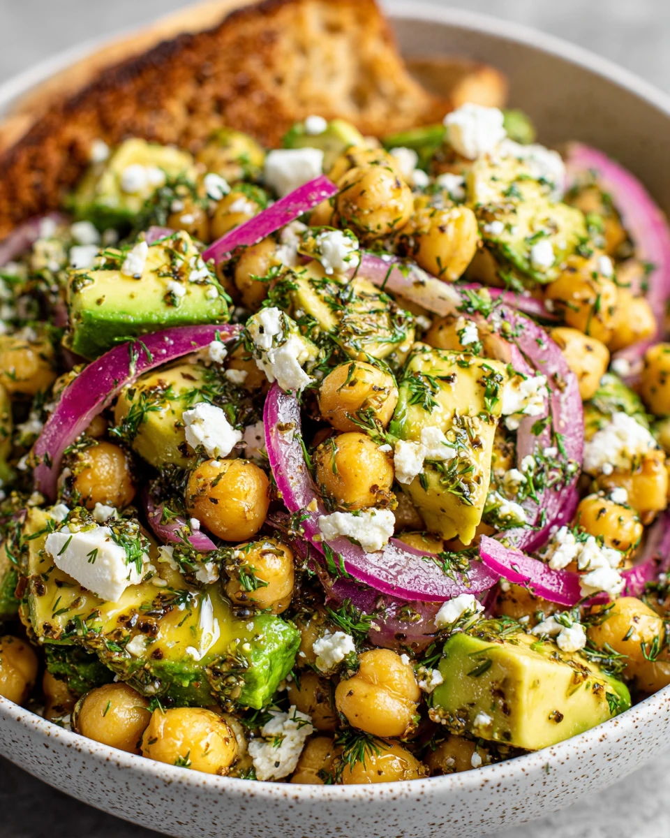 Chickpea salad with avocado, feta, and herbs.