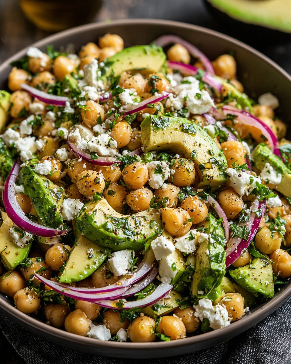 Chickpea salad with avocado and feta, fresh and colorful.