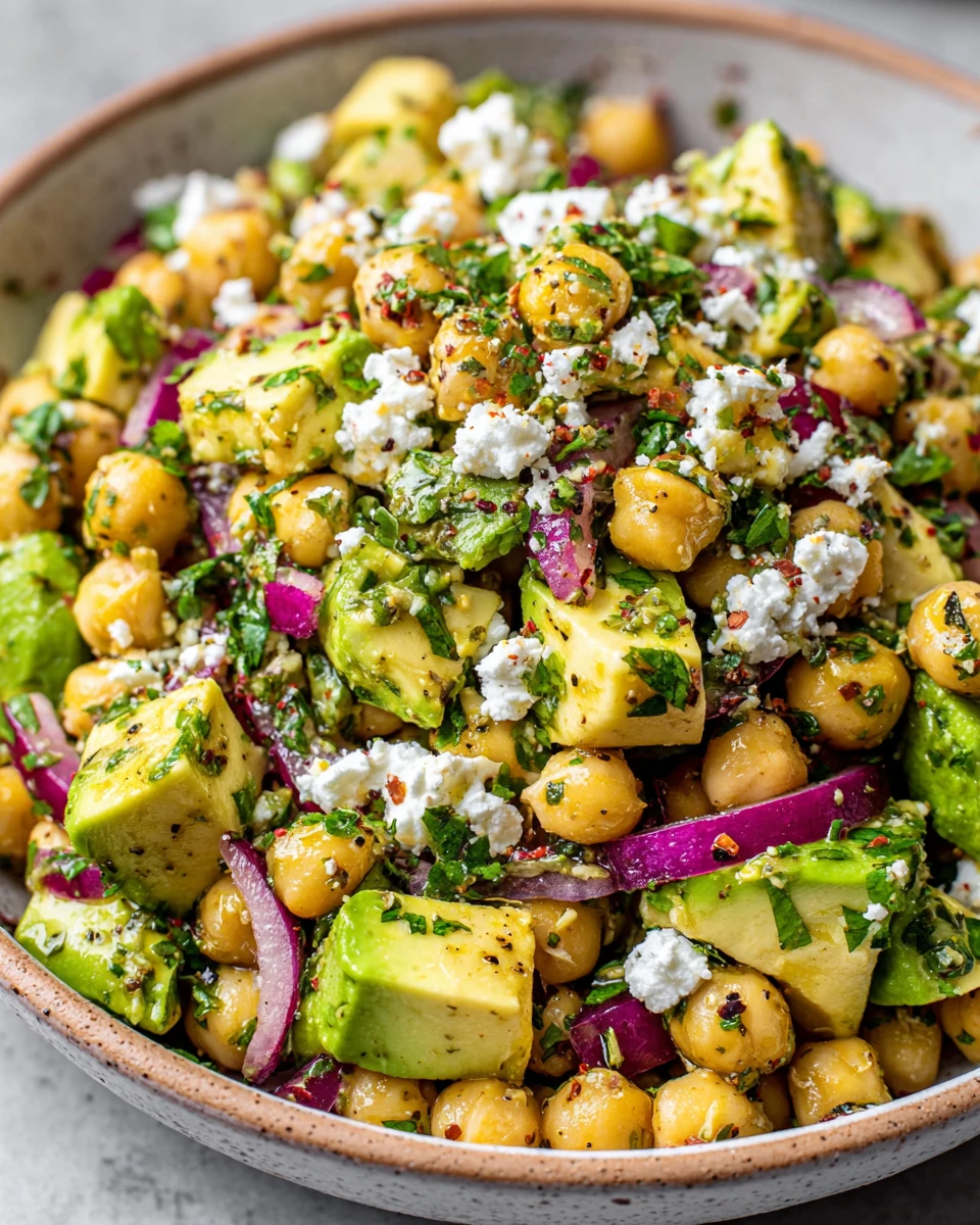 Healthy chickpea salad with avocado and feta.
