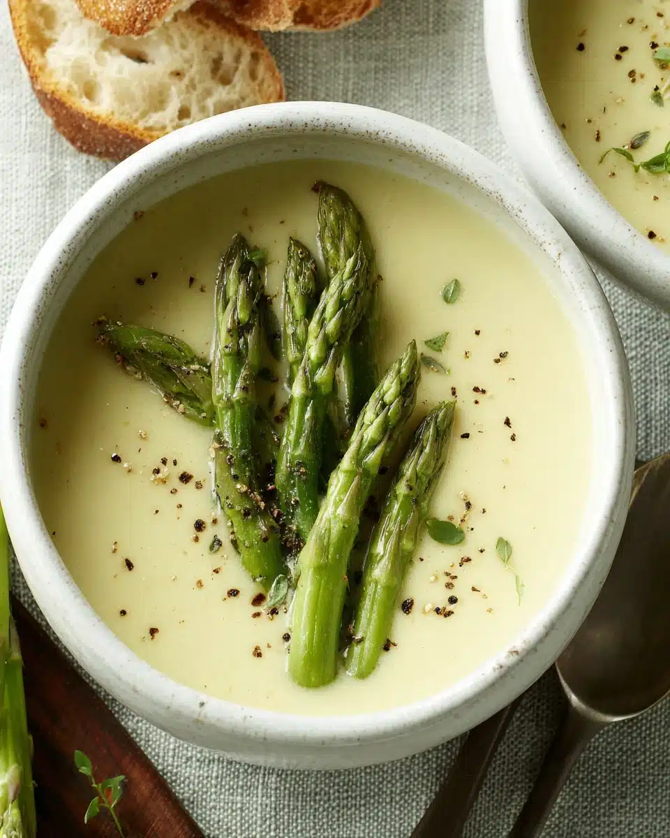 Cream of asparagus soup in a white bowl, garnished with asparagus.
