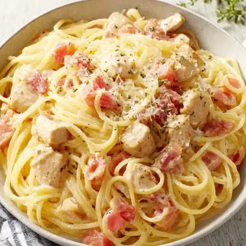 Creamy chicken spaghetti, a quick weeknight meal.