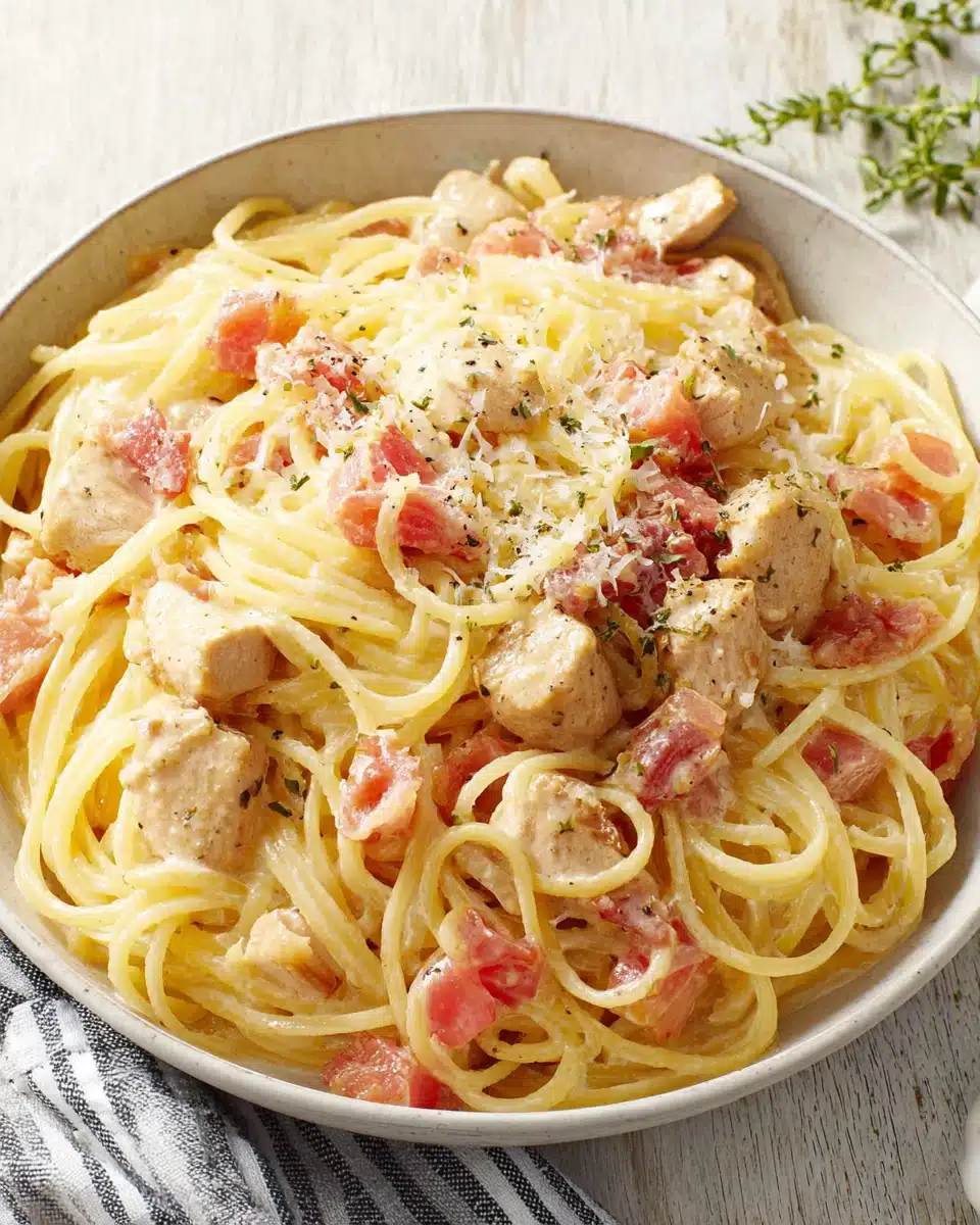Creamy chicken spaghetti, a quick weeknight meal.
