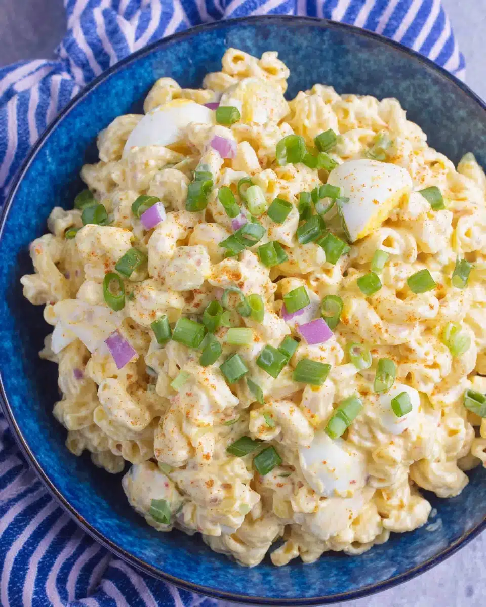 Delicious deviled egg pasta salad perfect for gatherings.