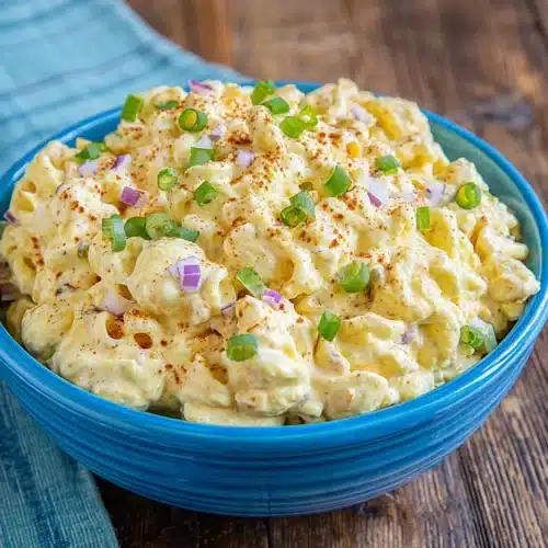 Delicious deviled egg pasta salad with eggs and pasta.