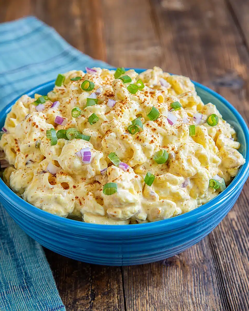 Delicious deviled egg pasta salad with eggs and pasta.
