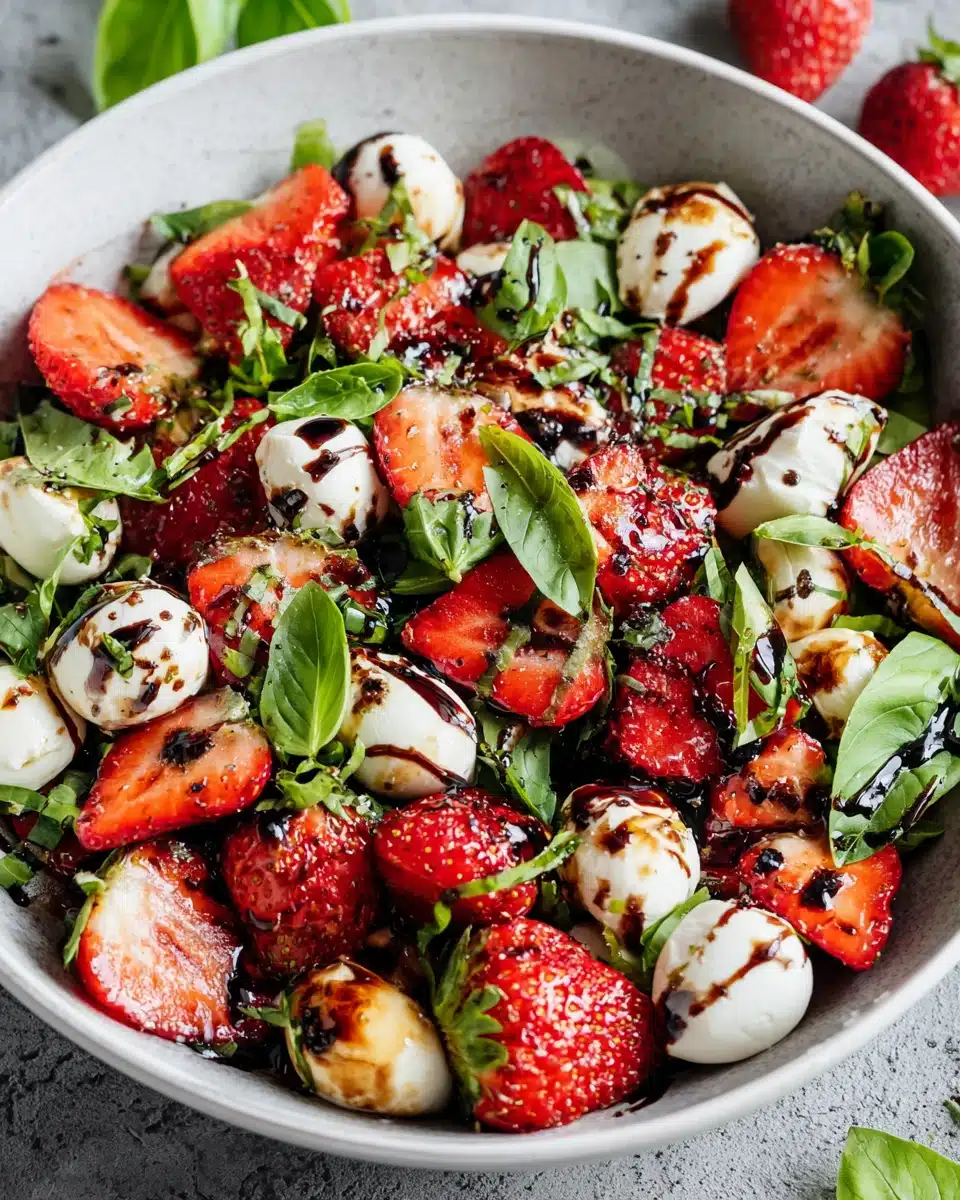 Fresh twist on classic salad with strawberries and mozzarella.