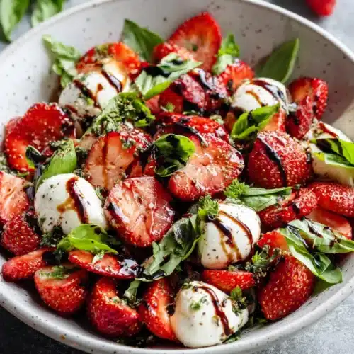 A fresh twist on classic salad with strawberries and mozzarella.