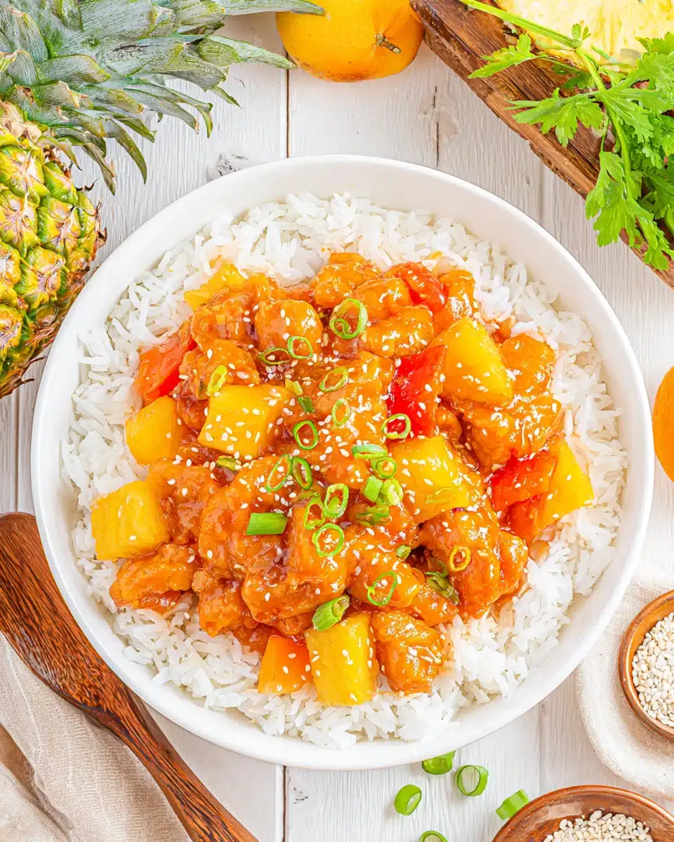 Hawaiian pineapple chicken served over rice, featuring vibrant colors.