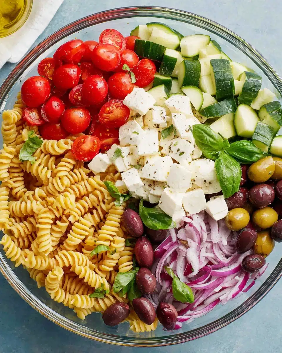 Delicious Italian pasta salad recipe with fresh vegetables.
