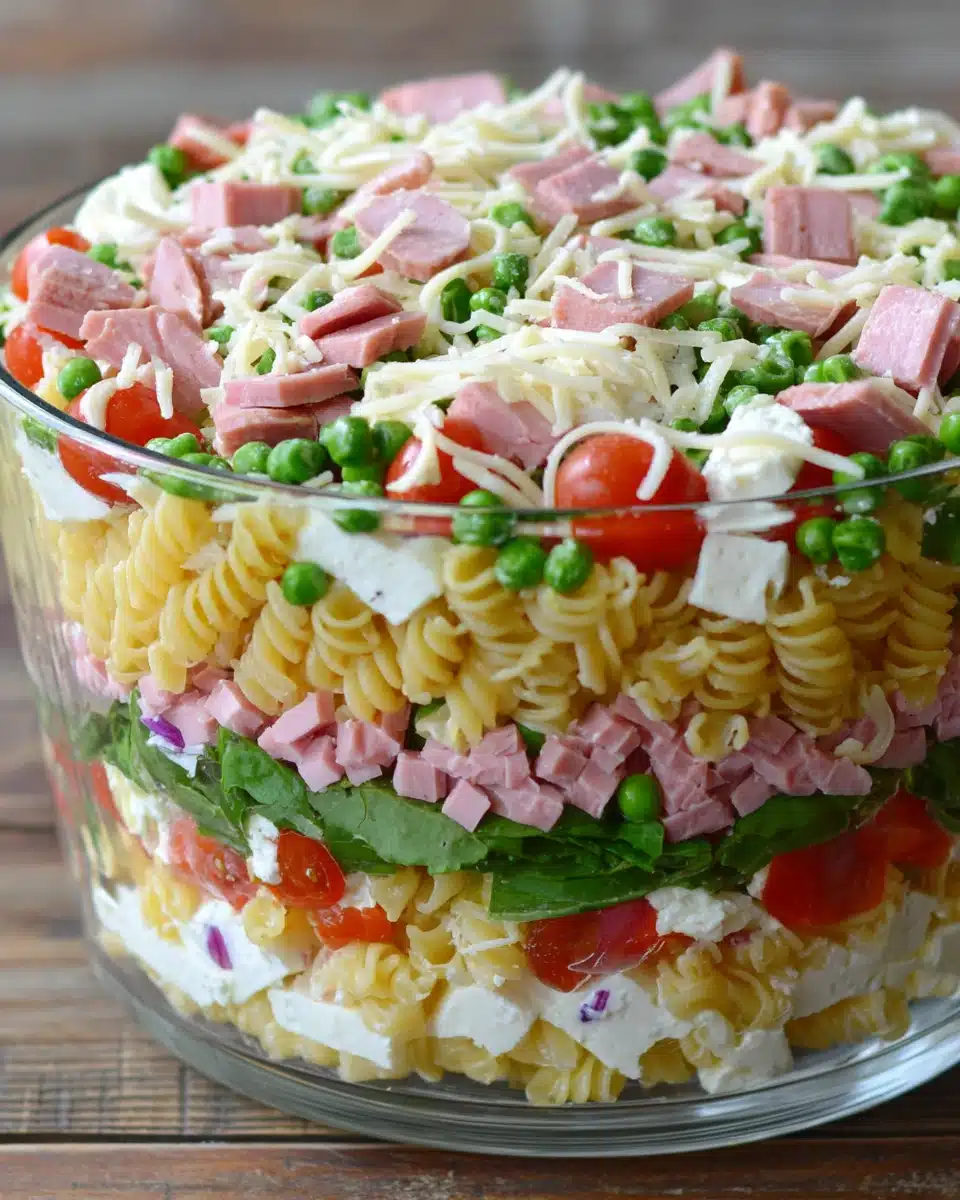 Layered pasta salad with colorful ingredients and creamy dressing.