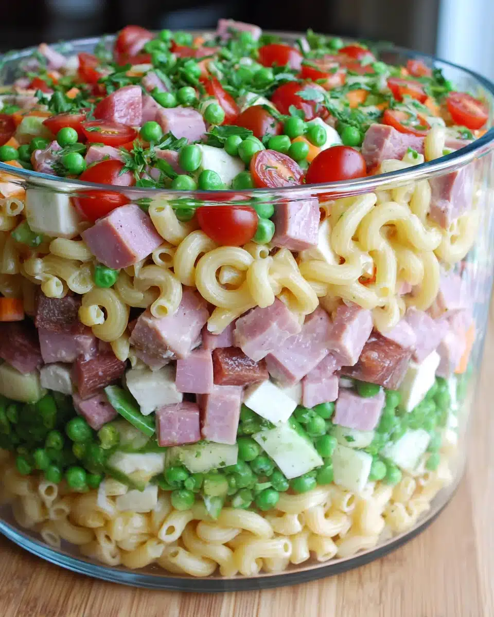 Delicious layered pasta salad perfect for gatherings.
