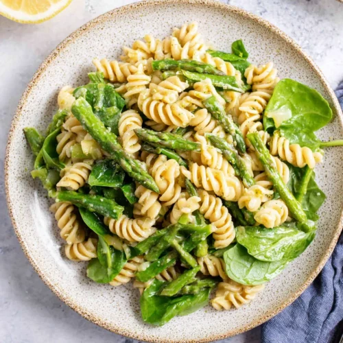 Lemon asparagus pasta salad, quick and healthy dish.