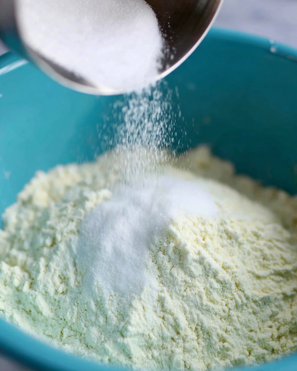 Mix dry ingredients for lemon bars including sugar and flour.