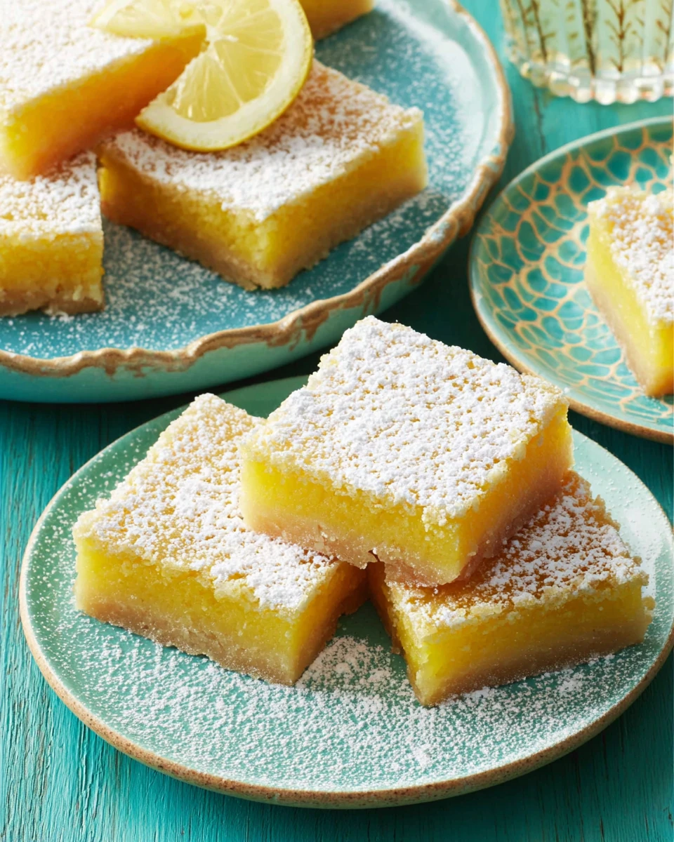 Delicious lemon bars dusted with powdered sugar on plates.
