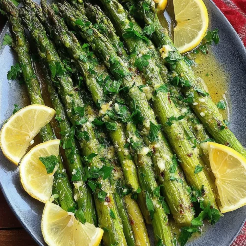 Lemon garlic asparagus with fresh parsley and lemon slices.