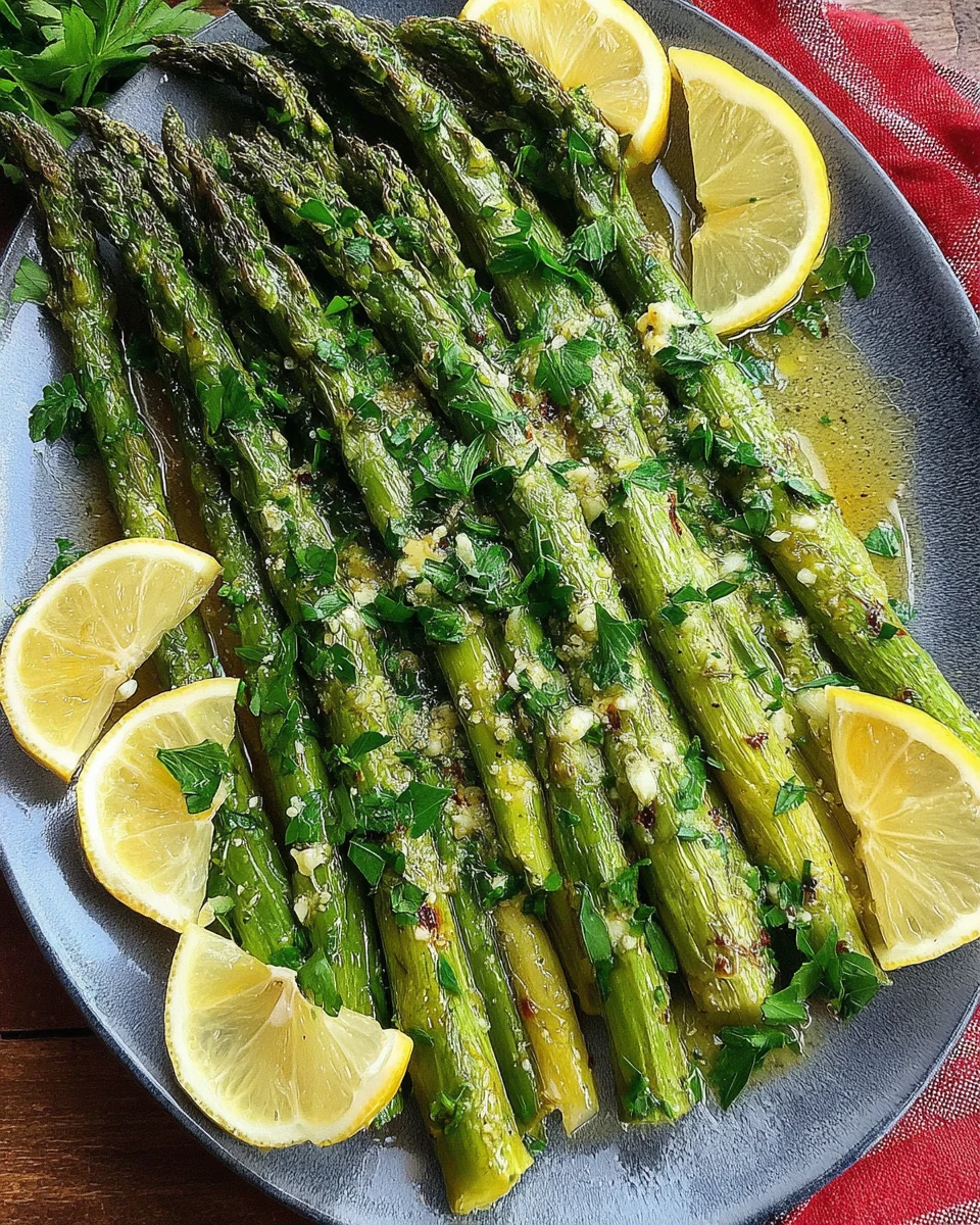 Lemon garlic asparagus with fresh parsley and lemon slices.