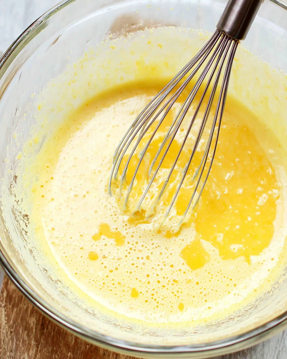 Lemon ricotta pancake batter in a bowl, creamy and whisked.