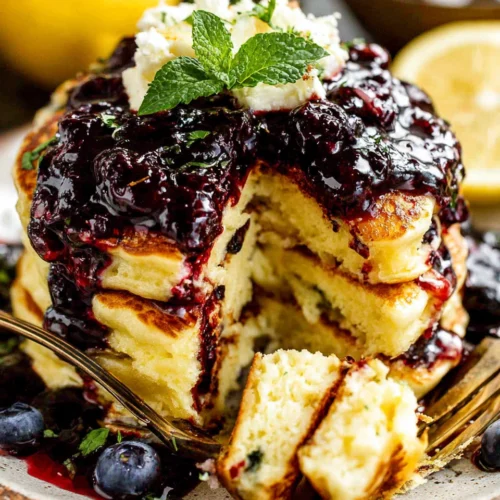 Delicious lemon ricotta pancakes with blueberry sauce.