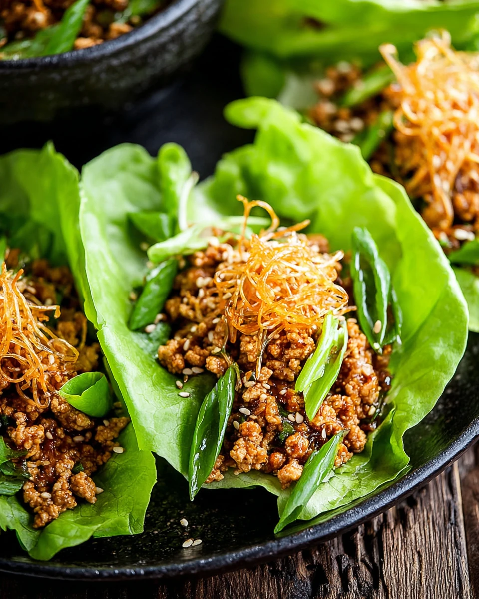 Healthy lettuce wraps with ground chicken and rice noodles.