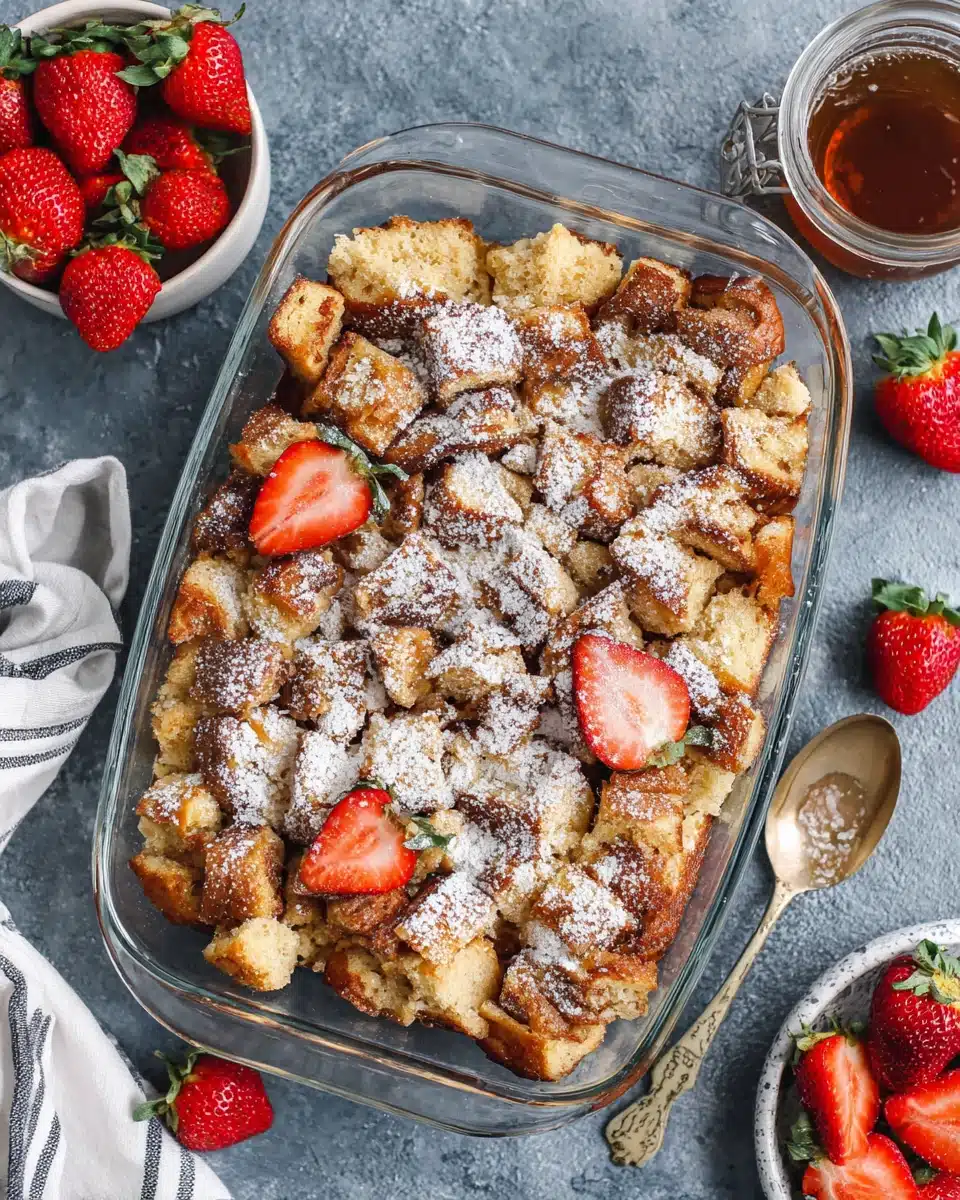 Make Ahead French Toast Casserole Delight Make ahead French toast casserole with berries and powdered sugar.