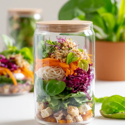 Vibrant meal prep salad layered in a jar for quick meals.