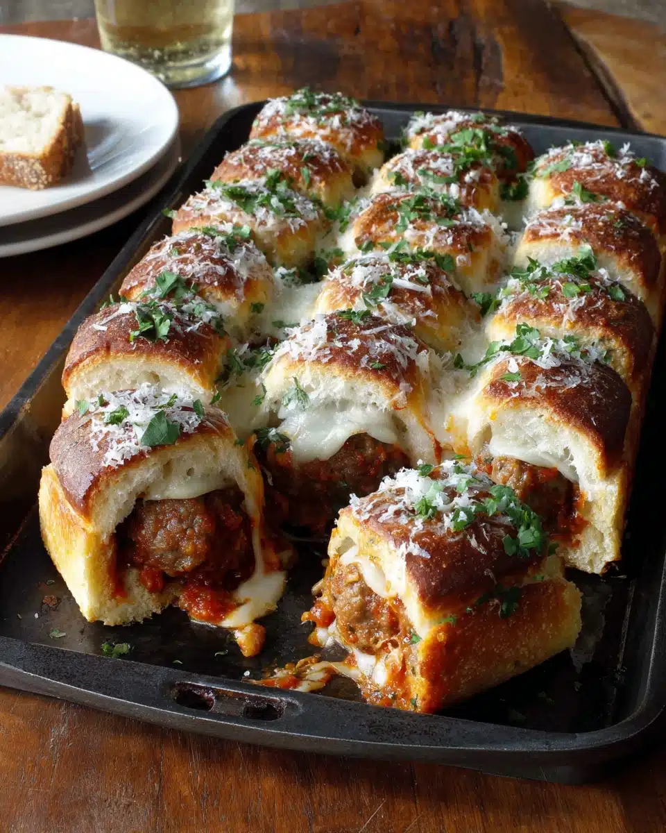 Savory meatball stuffed garlic bread sliders with cheese.