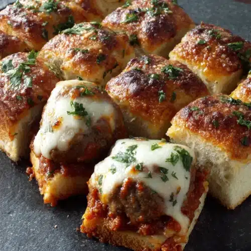 Savory meatball stuffed garlic bread sliders ready to serve.
