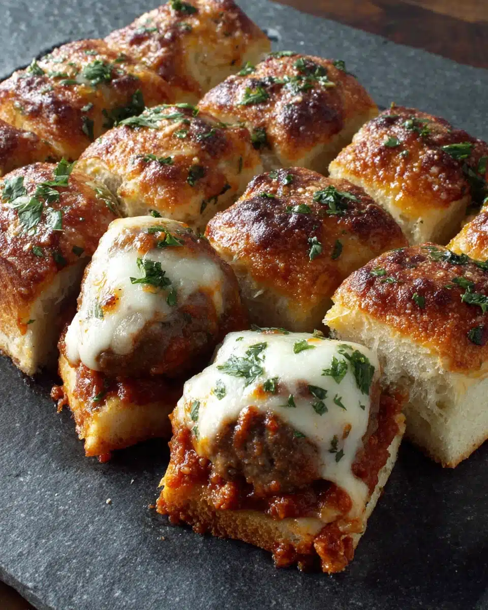 Savory meatball stuffed garlic bread sliders ready to serve.