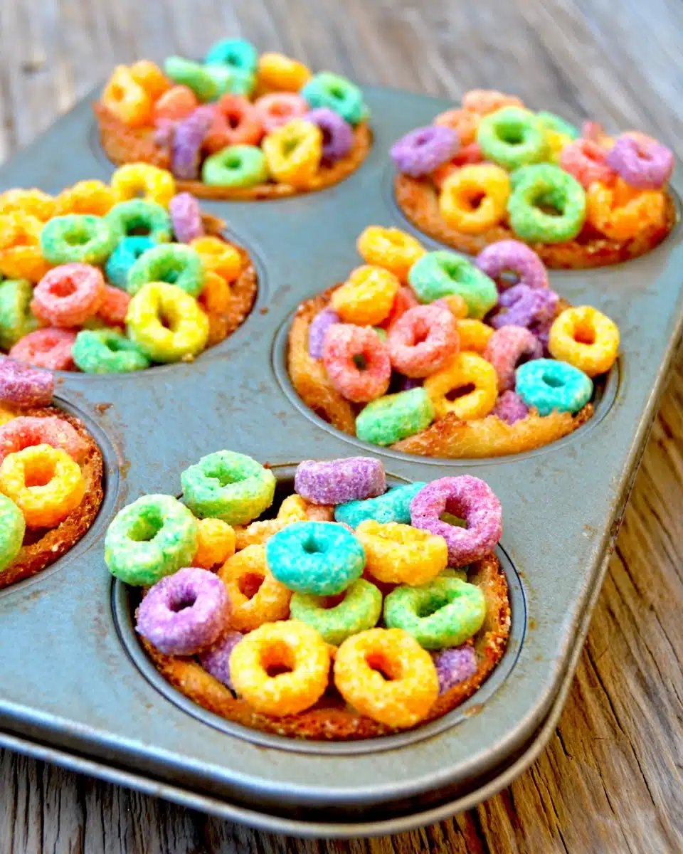 Muffin tin fruit loop french toast cups, colorful and delicious.