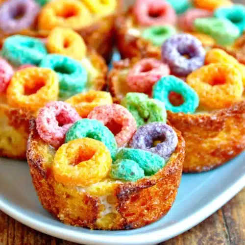 Muffin tin fruit loop french toast with colorful cereal topping.