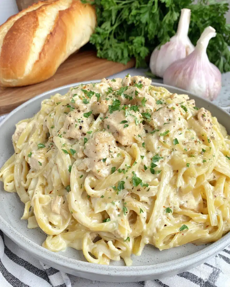 One pot garlic parmesan chicken pasta dish for quick family meals