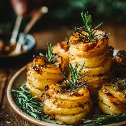 Oven baked garlic rosemary potato stacks perfect for any meal.