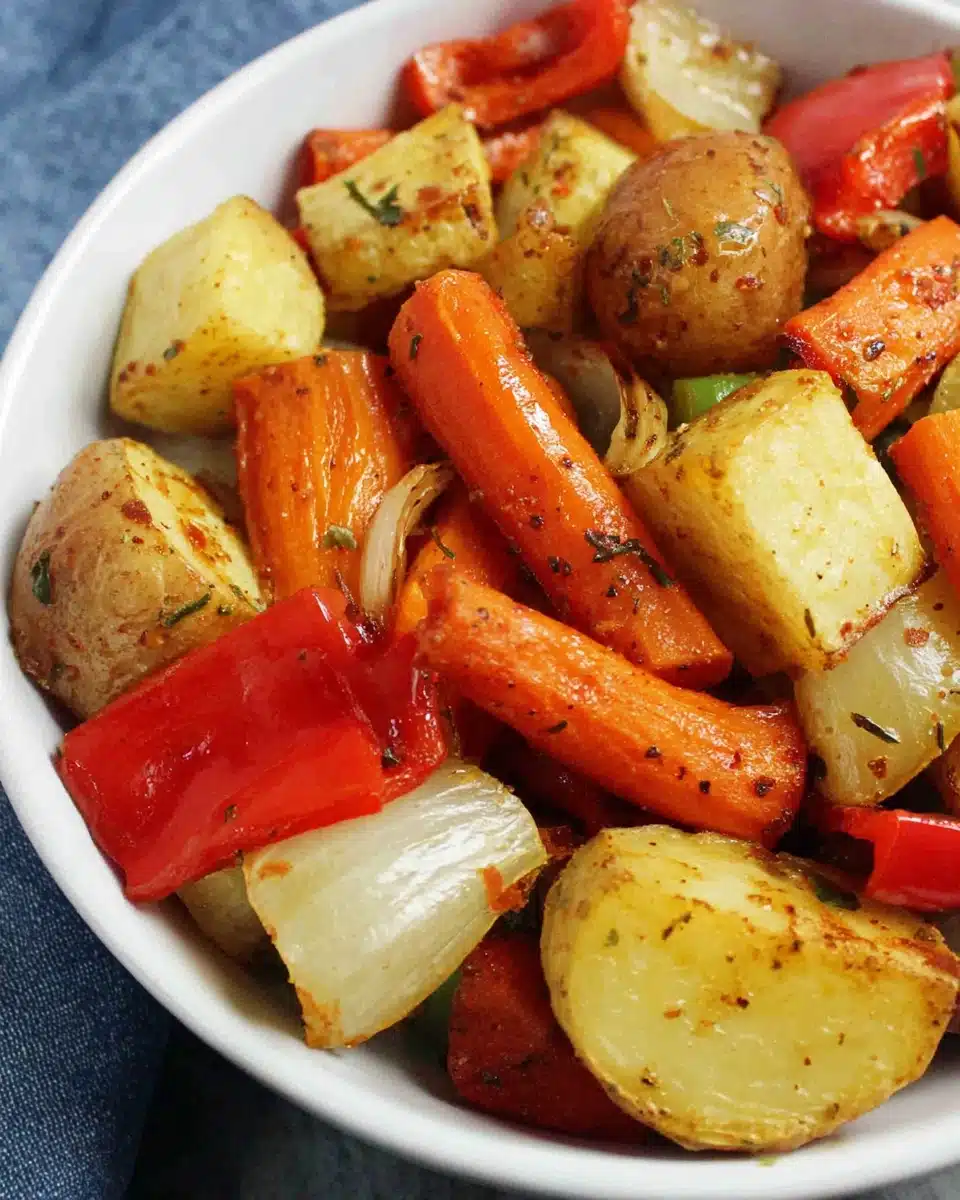 Oven Roasted Vegetables Recipe Delicious oven roasted vegetables in a bowl.