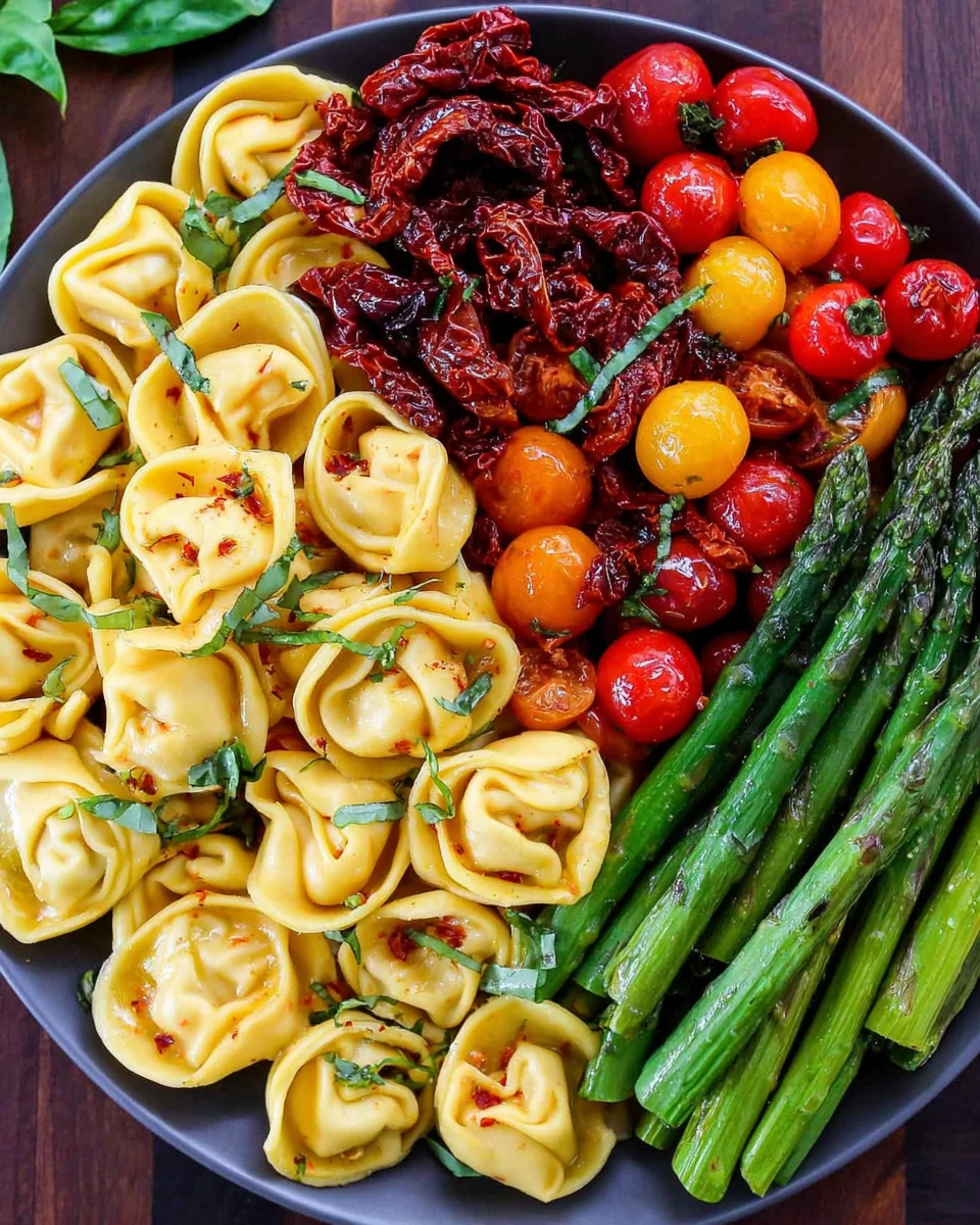 Pesto chicken tortellini with vibrant cherry tomatoes and asparagus.