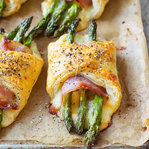 Delicious prosciutto asparagus puff pastry bundles ready to serve.