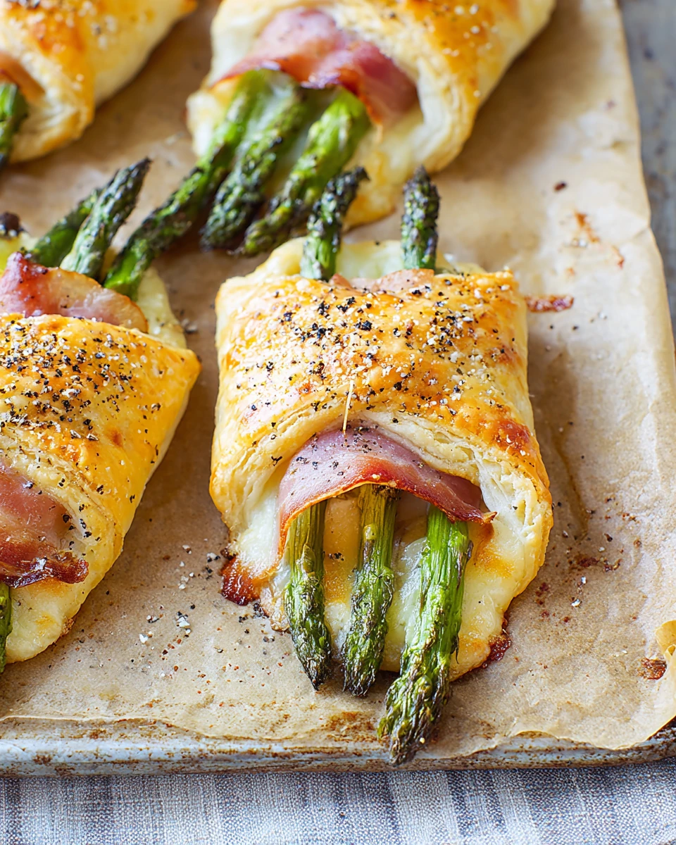 Delicious prosciutto asparagus puff pastry bundles ready to serve.
