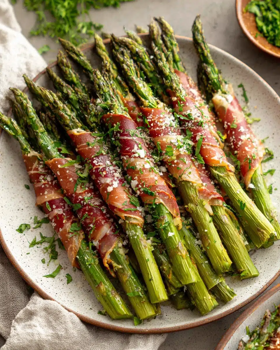 Delicious prosciutto wrapped asparagus ready to serve.
