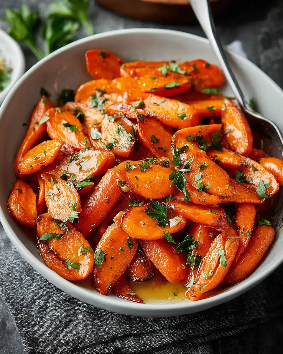Roasted carrots with honey garlic butter glaze, perfect side dish.