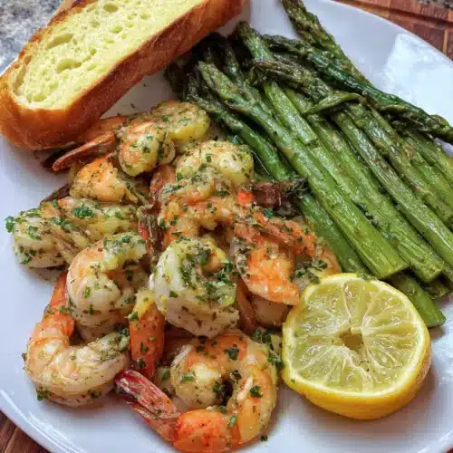 Roasted lemon butter garlic shrimp and asparagus on a plate.