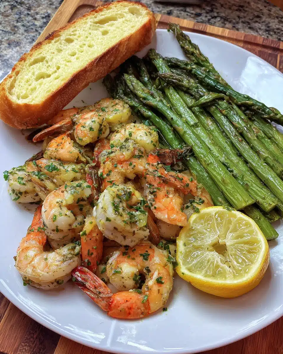 Roasted lemon butter garlic shrimp and asparagus on a plate.