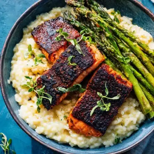 Salmon and asparagus with lemon risotto dish.