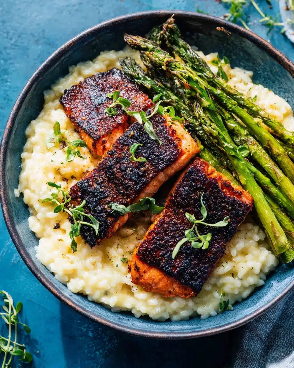 Salmon and asparagus with lemon risotto dish.