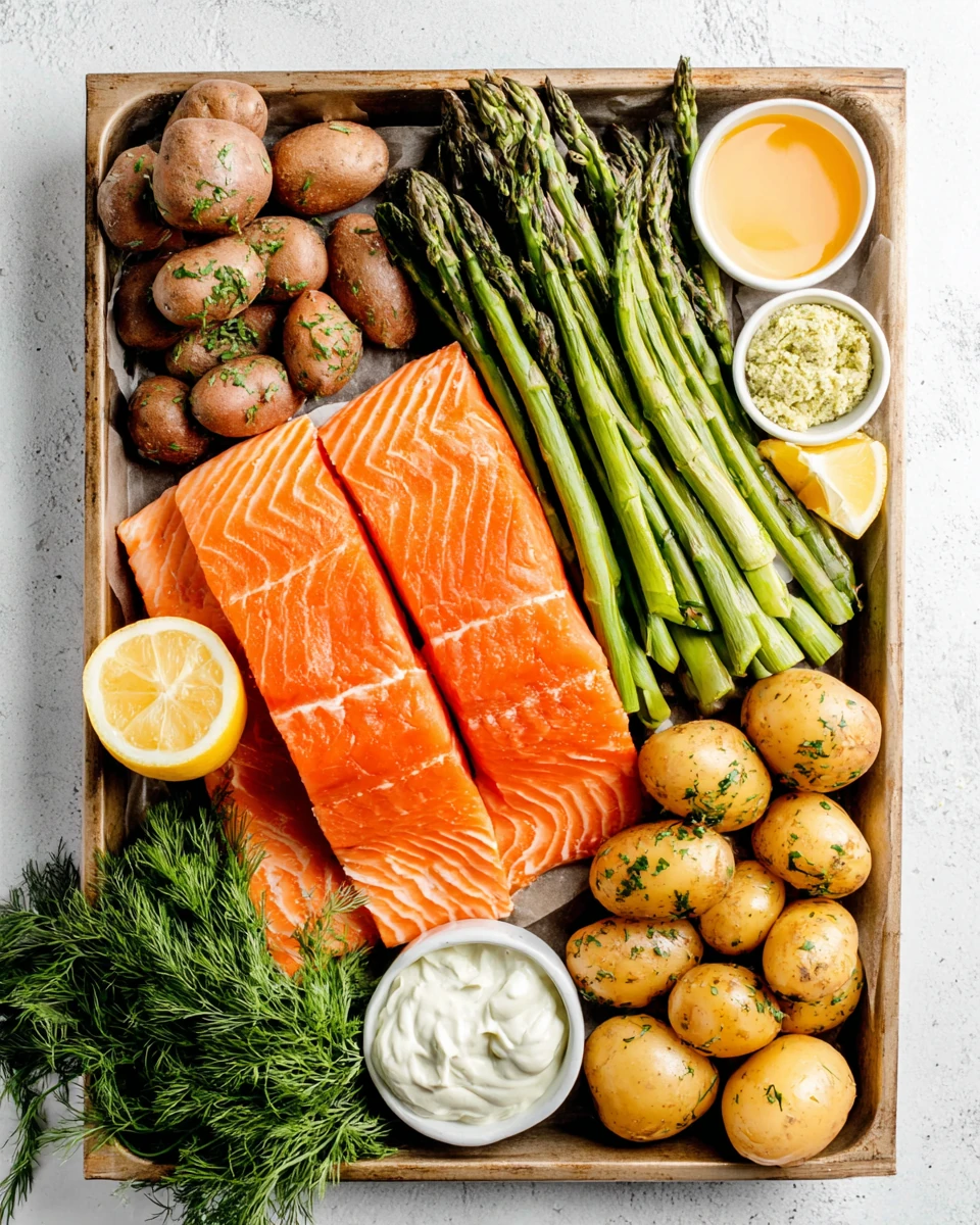 Sheet pan salmon ingredients: salmon, asparagus, potatoes, and sauce.