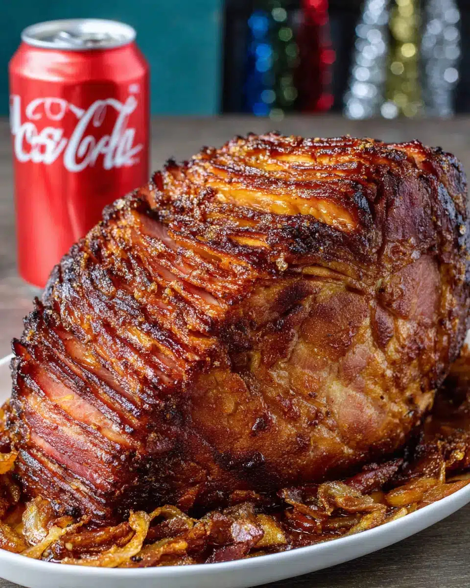 Slow cooker brown sugar and cola glazed ham on a platter.