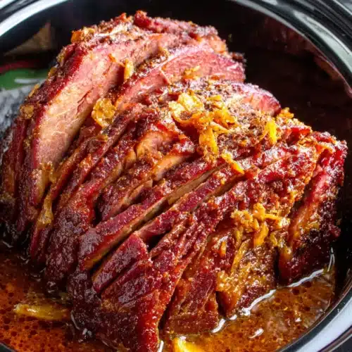 Slow cooker brown sugar and cola glazed ham, tender and savory.