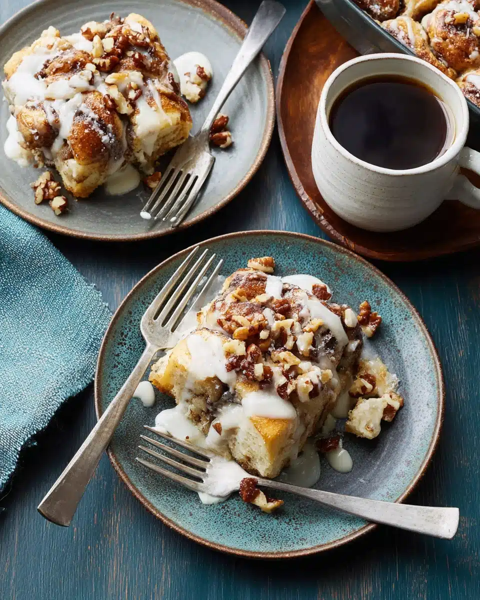 Delicious Slow Cooker Cinnamon Roll Casserole Slow cooker cinnamon roll casserole with nuts and icing.