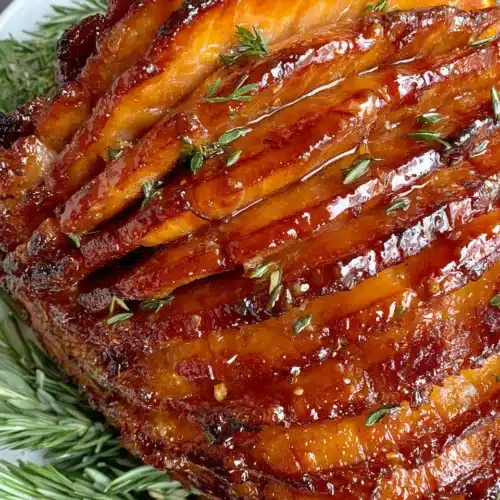 Slow cooker honey glazed ham ready to serve.